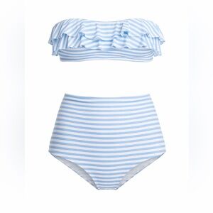 J Crew Ruffle Bandeau Top & Seamless High-waisted Bikini Bottom Sripe Set Sz M